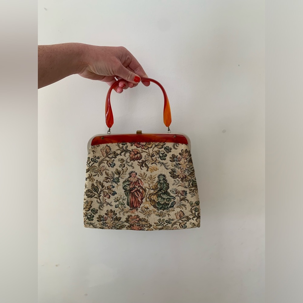 True Vintage embroidered tapestry bag purse orange resin handle